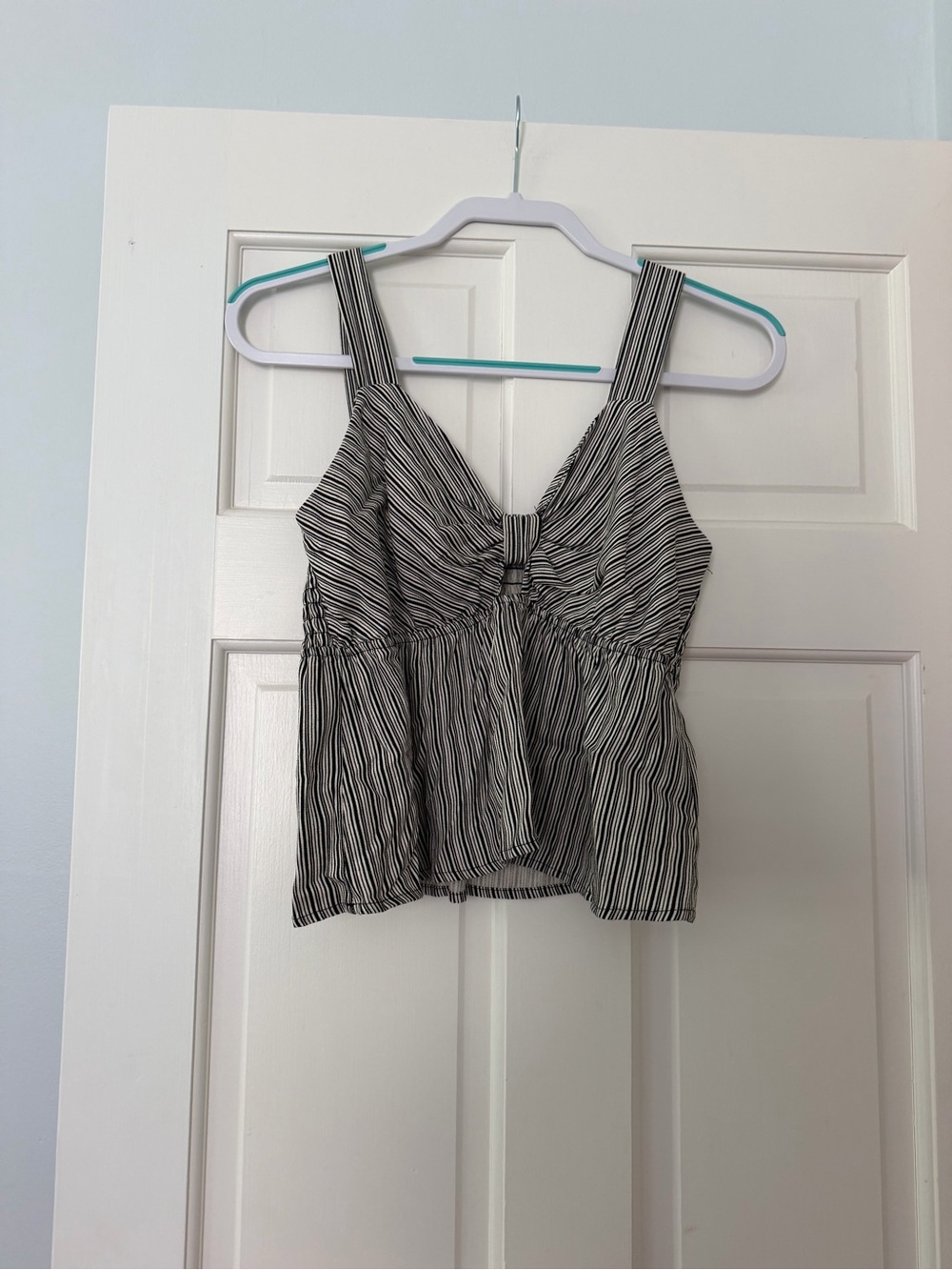 Monteau Black and White Striped Knotted Peplum Camisole